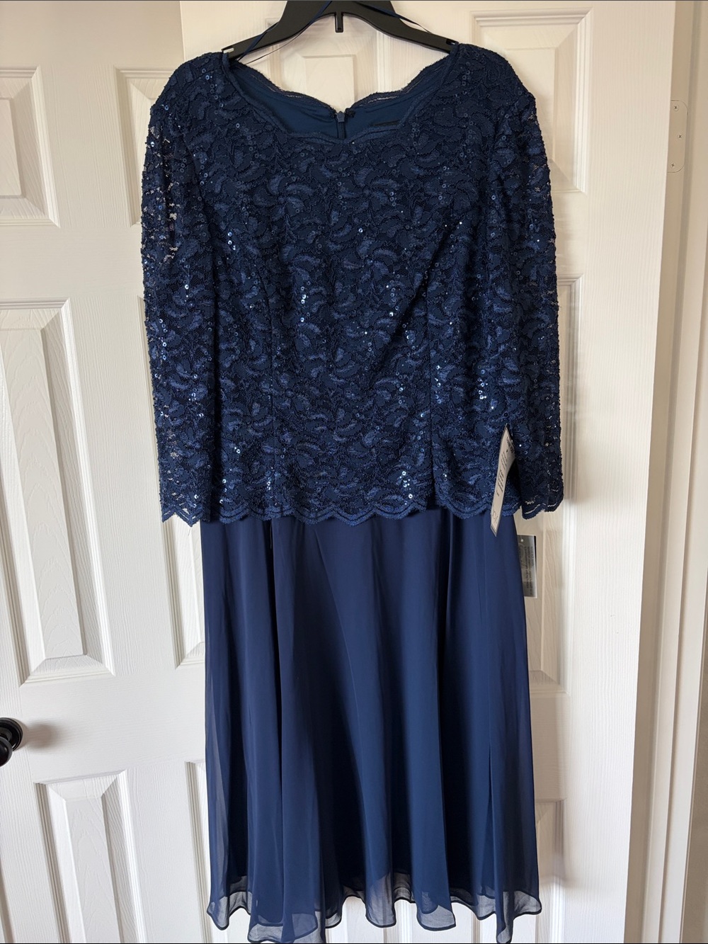 Alex Evenings Navy Sequined Lace Dress With 3/4 Length Sleeves